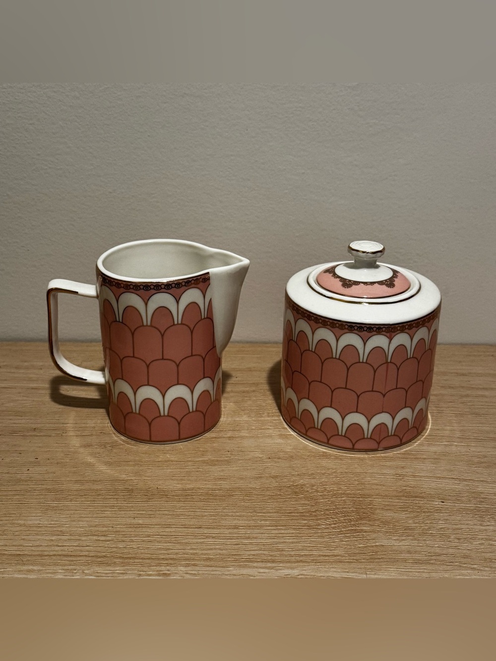 Pink Patterned Ceramic Sugar Bowl & Creamer Set